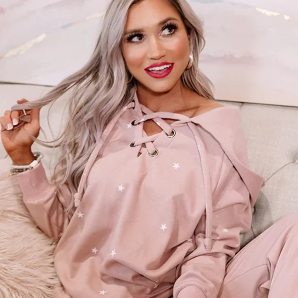 STORIA Stars Print Lace-Up Oversized Hoodie Mauve Pink Jacket - Picture 1 of 12